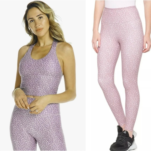 Kyodan Leggings & Sports Bra Crop Top Set Animal Print Leopard M/S Mauve - Picture 1 of 16